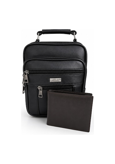 ADM Hakiki Deri Orta Boy Erkek Çapraz Askılı Omuz Çantası-cüzdan Siyah Kahve Siyah - Kahverengi