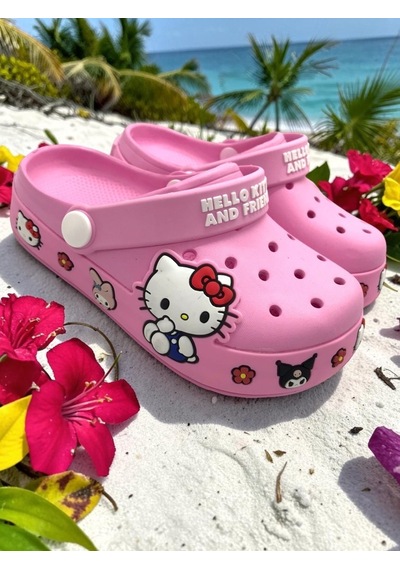 Ellaboni Kız Çocuk Pembe Kitty Kromi Figürlü Kaymaz Taban Terlik Havuz Plaj Deniz Sandaleti