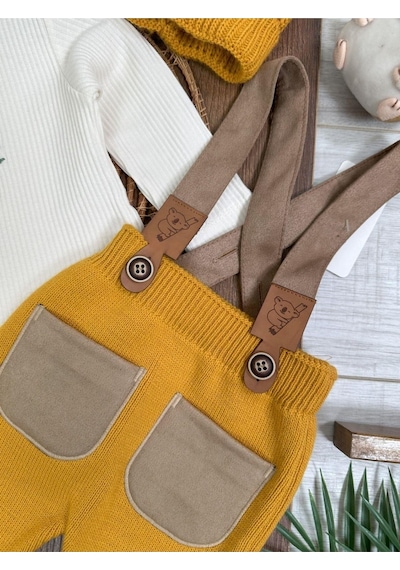 Bebicix Triko Askılı Koala Temalı Kaşkorse Esnek Badili Bereli Unisex Bebek Takım HARDAL