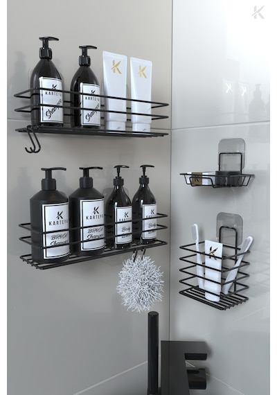 Karteya Paslanmaz Yapışkanlı Siyah Metal Banyo Rafı Düzenleyici 4'lü Set Kancalı Duş Rafı Sabunluk Rafı Siyah