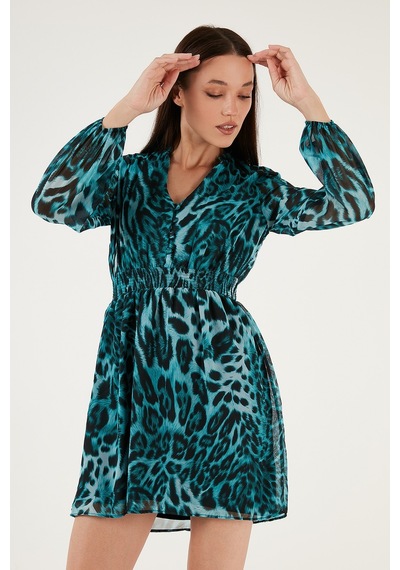 Lela V Yaka Regular Fit Gipeli Düğme Detaylı Şifon Mini Bayan Elbise 611El01433 Mavi-Siyah