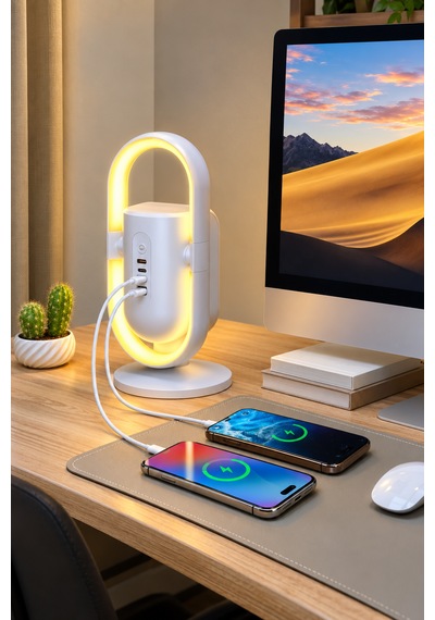 Akım Korumalı Masaüstü Güç Ünitesi 2 Priz, 2 Usb-c + Usb-a, 20w Pd & 18w Qc Hızlı Şarj, Led Ortam Aydınlatmalı 3680w 1.9 M