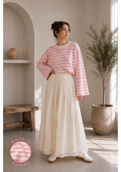 Herkesemoda Çizgili Waffle Kumaş Kadın Body Pembe