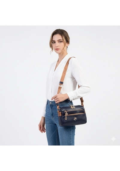 Nas Bag Kadın Çok Bölmeli Orta Boy Çapraz Omuz Çantası Lacivert Taba Victoria Laci