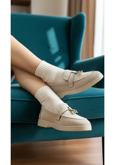 Dabab Shoes Lupy Kadın Süet Düz Taban Rahat Günlük Casual Babet Ayakkabı Bej