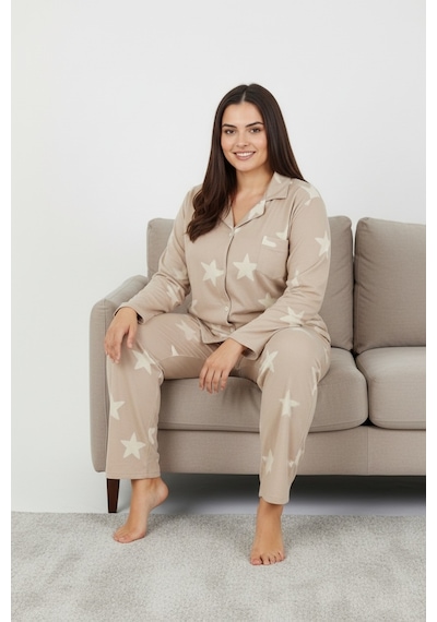 Bravie Luxury Soft Bej Yıldız Desenli Uzun Kollu Kadın Pijama Takımı Büyük Beden 3011 Bej