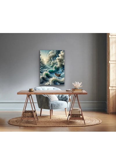 Okyanustaki Yalnız Gemi Kanvas Tablo 70x100cm Gri - Mavi