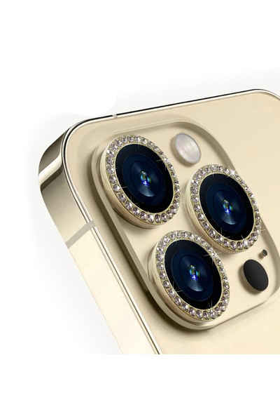 Apple Uyumlu iPhone 15 Pro / Pro Max Ipg Kamera Lens Koruyucu Taşlı - Altın