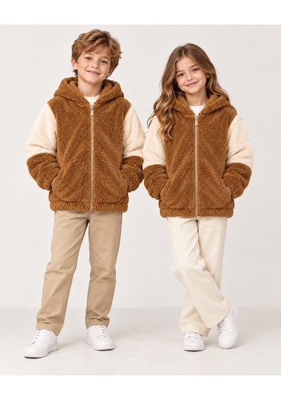 Luess Unisex Çocuk Kahverengi Ekru Peluş Kapüşonlu Fermuarlı Mont / 4-12 Yaş Sütlü Kahve Luess Unisex Çocuk Kahverengi Ekru Peluş Kapüşonlu Fermuarlı Mont / 4-12 Yaş Sütlü Kahve