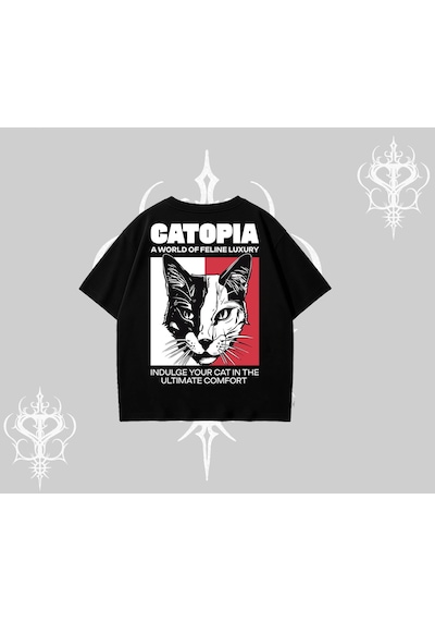Tarzsokak Modern Kedi Temalı Arka Baskılı Oversize Tshirt Siyah