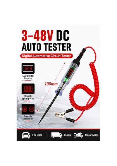 Aem Dijital Led Göstergeli Oto Kontrol Kalemi 3v-48v Dc Hassas Voltaj Test Kalemi, Paslanmaz İğne Uçlu Klemensli Devre Test Cihazı