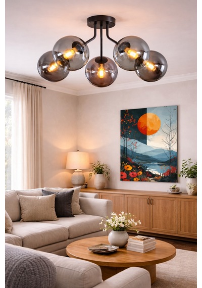 Venüs Modern Plofonyer Beşli Camlı Avize Oturma Salon Yatak Odası 5li Avize Gri