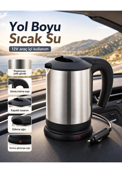 Araç İçi Kullanıma Uygun 12v Çakmak Soketli Paslanmaz Çelik Su Isıtıcı Kettle