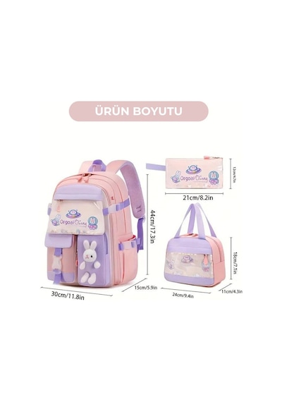 Kore Tarzı Aksesuarlı 3'lü Kız Çocuk İlkokul Ortaokul Çantası Sırt Çantası Termal Beslenme Kalemlik Pembe