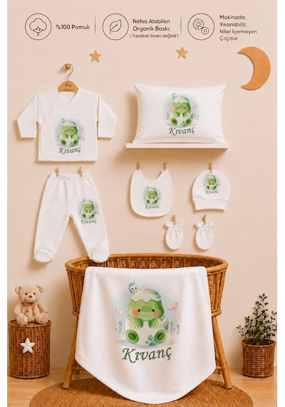 Pia Baby Erkek Bebek Hastane Çıkışı 11'li Yenidoğan Set %100 Pamuk İsme Özel Organik Baskılı 206711yx Ekru