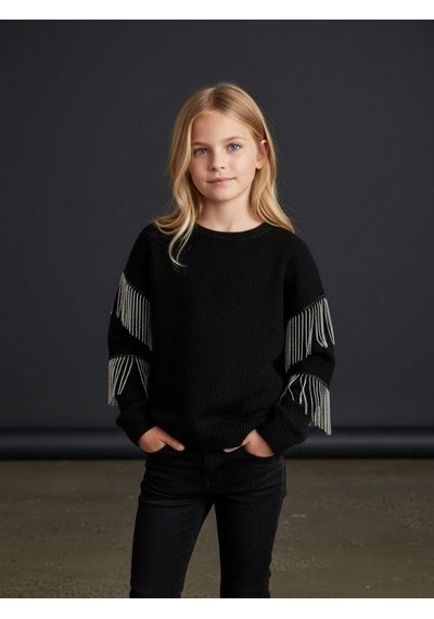 Kız Çocuk Yüzde Yüz Pamuklu İki İplik Zincir Detaylı Sweatshirt-16698 Siyah
