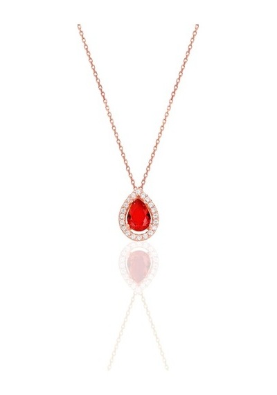 Gümüş Rose Kırmızı Taşlı Damla Modeli Üçlü Set