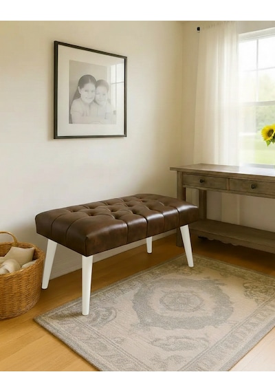 Waterybrook Bench Bank Puf - Suni Deri - Beyaz Ahşap Ayaklı - Retro Modern Tasarım & Dekoratif Sehpa Kahverengi