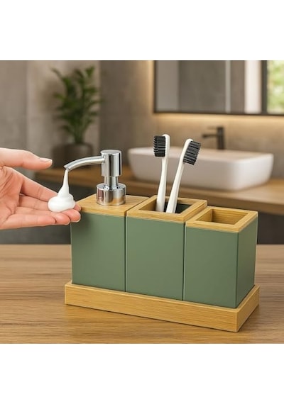 Bambu Kapaklı Yeşil Banyo Seti Sıvı Sabunluk, Diş Fırçalık, Çok Gözlü Organizer Ve Düzenleyici 000 Açık Krem