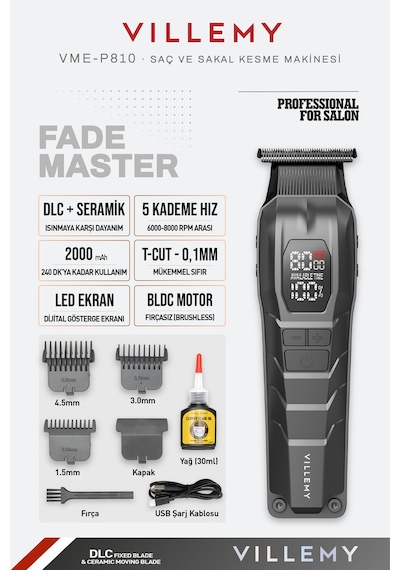 Vme-p810 Profesyonel Saç Kesme, Sakal Ve Ense Tıraş Makinesi Bldc Motor T-cut 0.1 Mm Dlc Bıçak