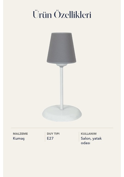Modern Konik Kumaş Abajur Masa Lambası Gri Yatak Odası