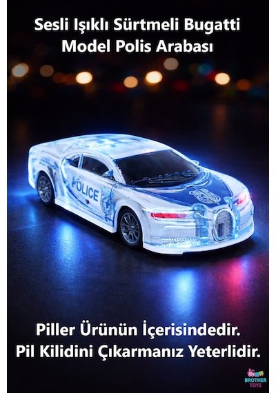 Kırılmaz Korumalı Sesli Işıklı Müzikli Sürtmeli Oyuncak Bugatti Model Polis Arabası Mavi Yeşil