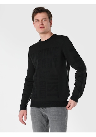 Colin's Regular Fit Bisiklet Yaka Yazı Baskılı Siyah Erkek Kazak CL1062328_Q1.V1_BLK