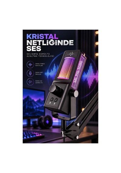 Robeve Yk Mc671 Profesyonel Yayıncı Mikrofonu Ve Oyuncu Mikrofonu Rgb Aydınlatmalı Mikrofon, Gürültü Azaltma, Ses Kontrolü Ve Ayarlanabilir Masa Uzatma Kollu Gaming Mikrofon