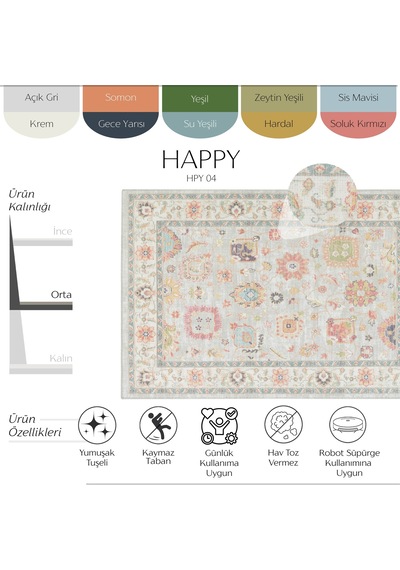 Cool Halı Happy Açık Gri Krem Vintage Halı Kaymaz Taban Bohem Pastel Eskitme Dekoratif Salon Halısı