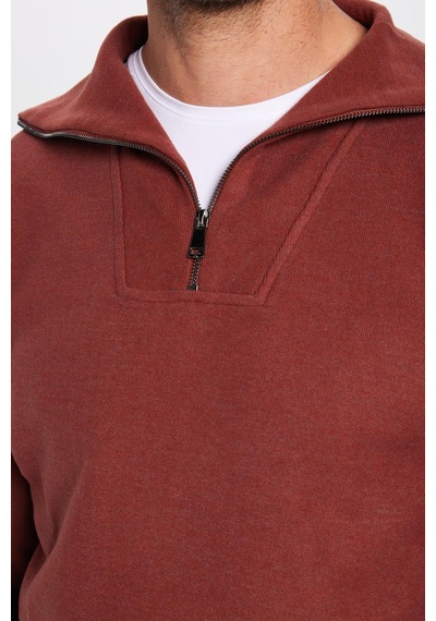 Tudors Unisex Relax Fit Rahat Kesim Desenli Pamuklu Yarım Fermuarlı Kiremit Renk Dik Yaka Sweatshirt-31989 Kiremit