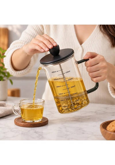 Siyah Bambu Kapaklı French Press, 600 Ml Ölçülü Borosilikat Cam Kahve Ve Bitki Çayı Demliği, Siyah Cam Kulplu Diğer