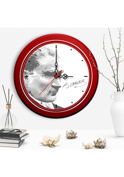 Dekoratif Atatürk Tasarımlı Ahşap Duvar Saati - 3 Çok Renkli