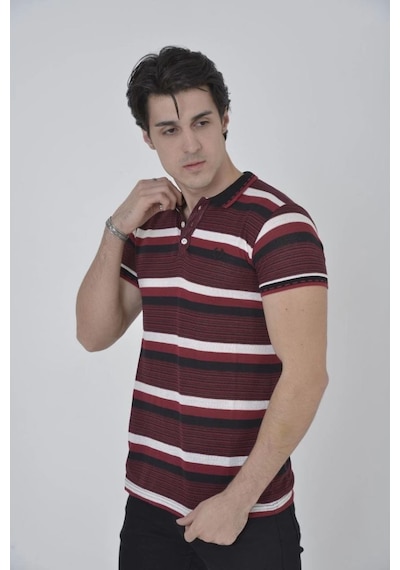 Erkek Polo Yaka Tişört Slim Fit Dokuma Çizgili Kısa Kol T-shirt - Bordo