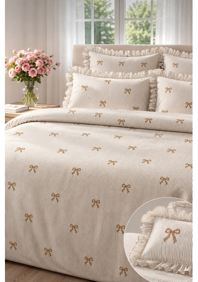 Uçkan Home %100 Pamuk Fiyonk Desenli Fırfır Detaylı Tek Kişilik Nevresim Seti---uh-00105 Kahverengi