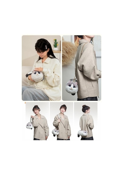 Bear & Deer Pelüş Kedi Şeklinde El Çantası Kirli Beyaz - Bd-cat003 Beyaz  -  Siyah