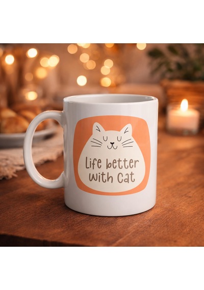 Hemengo Life Better With Cat Sevimli Kedi Tasarımlı Porselen Kupa Model 65 Kahve & Çay Kupası Hediyelik Kupa Hm Diğer
