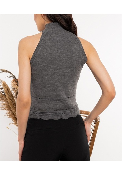 Aqe Fashion Kadın Halter Yaka Dantel Detaylı Gri Bluz-Gri