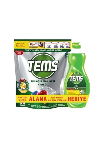 Tems Bulaşık Makinesi Kapsülü 36'lı+elde Yıkama Bulaşık Deterjanı 500 Ml Hediyeli