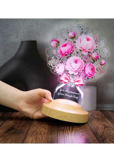 Pembe Şakayık Çiçek Buketi Led Lamba, Peony Şakayık Aranjmanı Kişiye Özel Sevgiliye Ve Kadına Zarif Hediye Pembe Şakayık Buketi