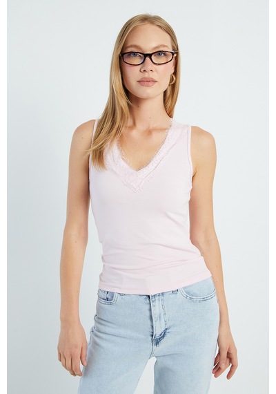 Fullamoda Dantelli V Yaka Slim Fit Bluz Pembe