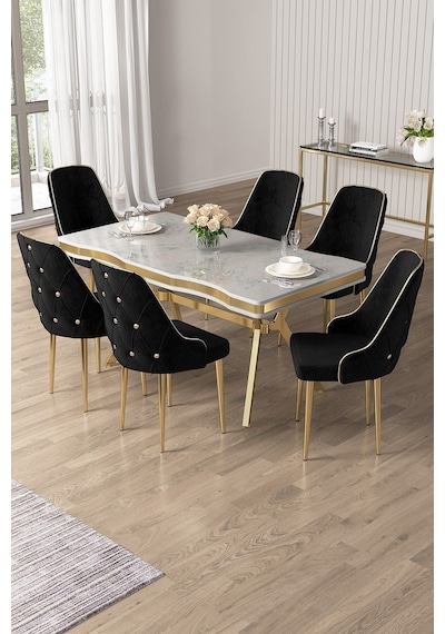 Canisa Vae Serisi 90x160 Lak Panel Beyaz Mermer Desen Gold Ayak Masa Takımı 6 Siyah Sandalye Beyaz Mermer Desen Masa Sandalyeler Siyah Canisa Vae Serisi 90x160 Lak Panel Beyaz Mermer Desen Gold Ayak Masa Takımı 6 Siyah Sandalye Beyaz Mermer Desen Masa Sandalyeler Siyah