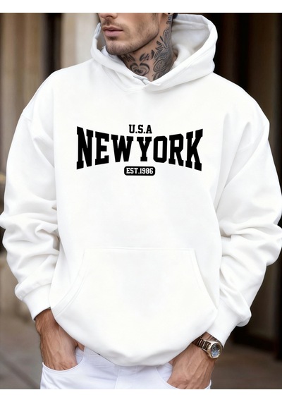 Startmore Startmoreabd New York Est 1986 Baskı Unisex Sonbahar Günlük Tişörtü Moda Cep Sokak Giyimi Polar Sokak Beyaz