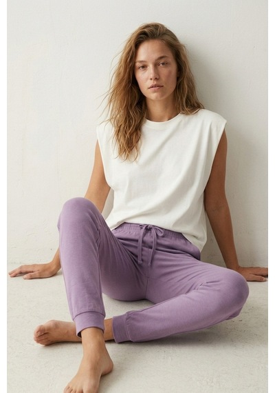 Elemge %100 Pamuk Compact Penye Süprem Kadın Pijama Altı Cepli Regular Fit Manşet Paça Esnek Terletmez Lila