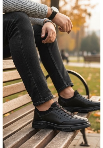 Enoch Hakiki Deri Siyah Üçlü Çizgi Detaylı Erkek Sneaker Ortopedik Taban Siyah