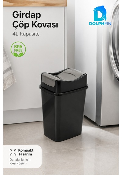 Girdap 4 Litre Sallanır Kapaklı Mini Çöp Kovası Banyo Mutfak Ofis Siyah Füme