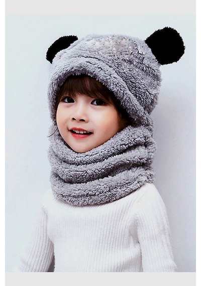 Bundera Panda Çocuk Kapşonlu Peluş Bere Atkı Welsoft Boyunluk