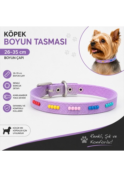 Boncuklu Köpek Boyun Tasması 26-35 Cm Küçük Irk Ayarlanabilir Metal Tokalı D Halkalı - Lila Çok Renkli