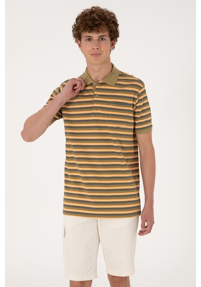 U.S. Polo Assn. Erkek Regular Fit Haki Polo Yaka Çizgili Tişört 50306794-VR027