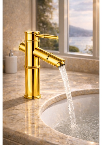 Lüx Premium Gold Pirinç Bambu Lavabo Bataryası Çeşmesi Musluğu Altın