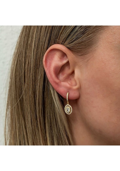 Gümüş Gold Oval Taşlı Sallantılı Küpe